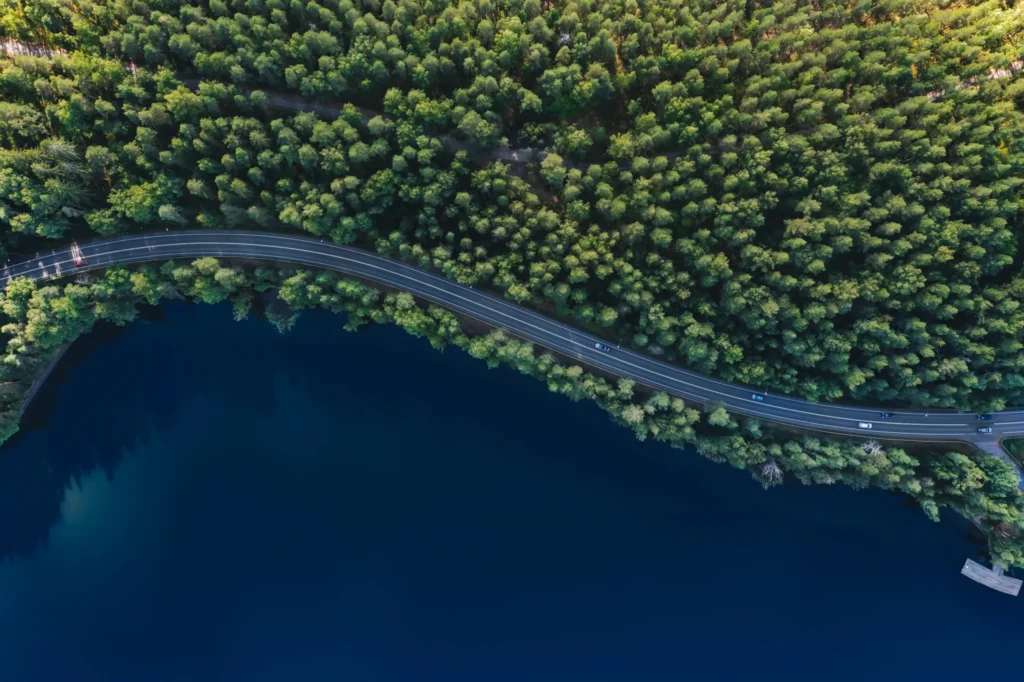 Weg aan het water omringt door bossen vanuit de lucht gezien
